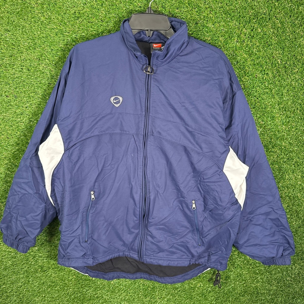 Nike Team Windbreaker Jacket Navy Blue Beige Zip Up Pockets Men's Size L VTG 90s
